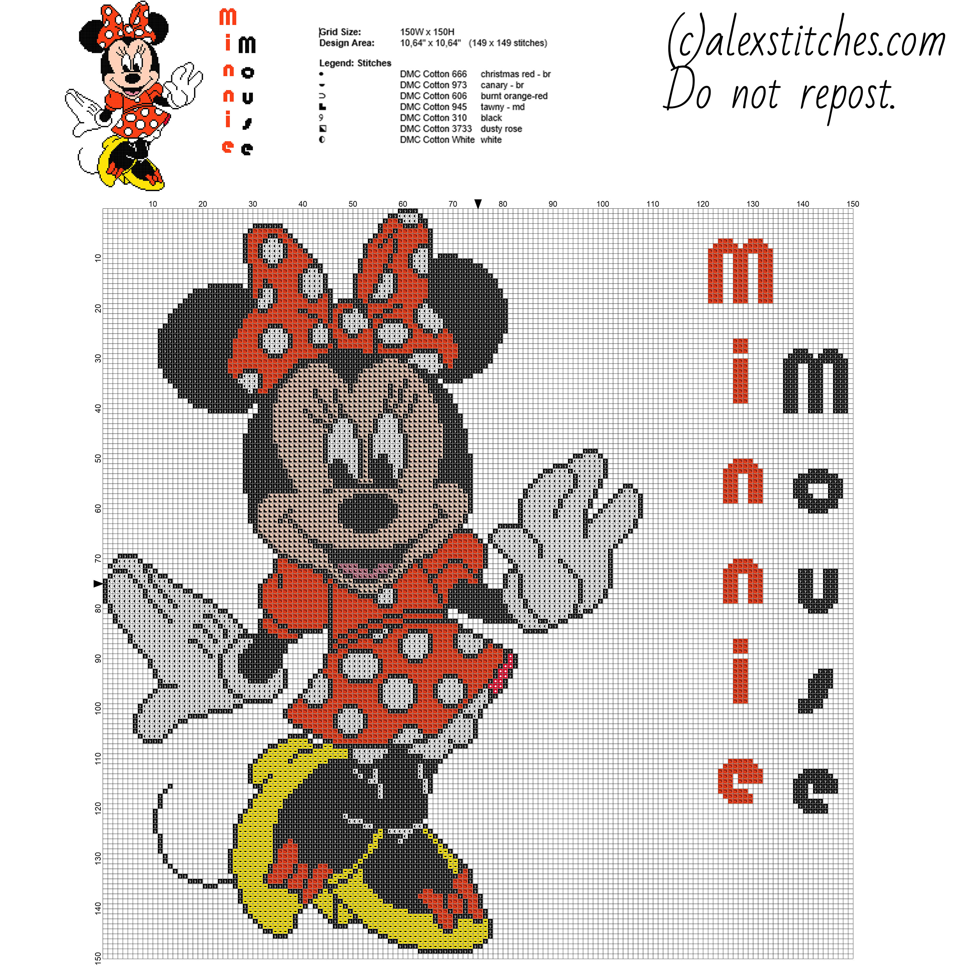 Disney Minnie Mouse character big size cross stitch pattern 149 x 149 stitches 7 DMC threads