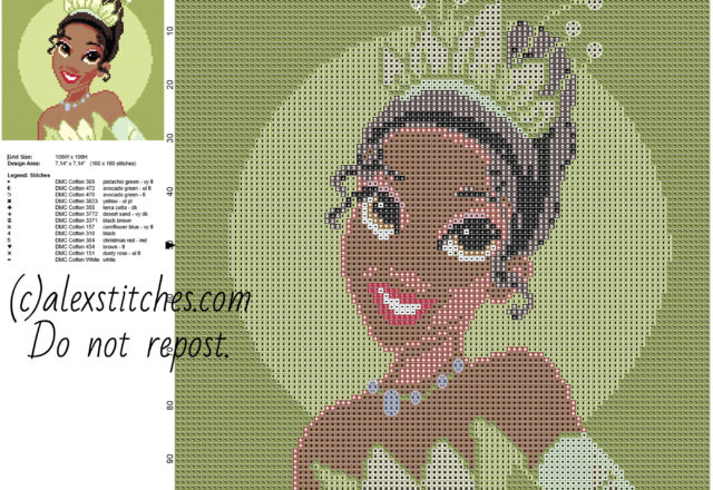 Disney Princess Tiana from The Princess and The Frog movie colored square face