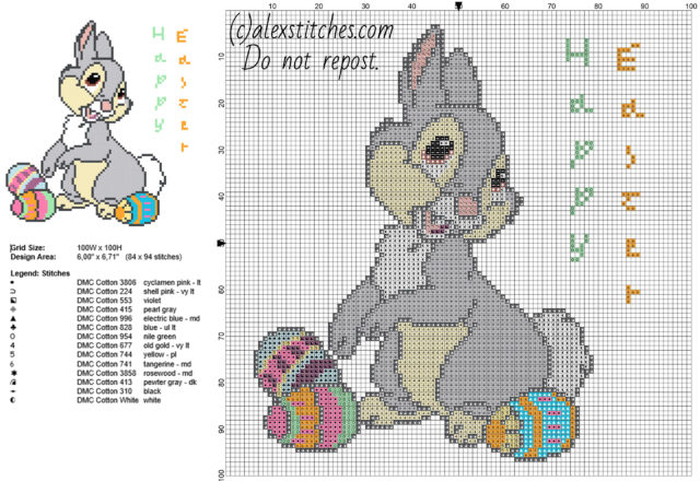 Disney Thumper with colored Easter eggs free cross stitch pattern 84 x 94 14 DMC colors