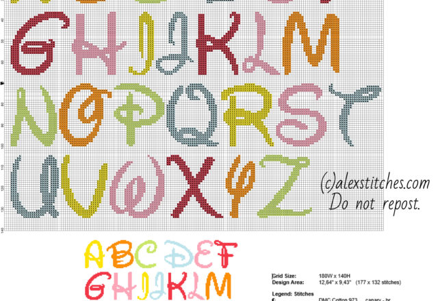 Disney colored font letters cross stitch free alphabet