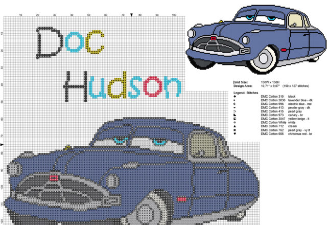 Doc Hudson Disney Cars and Cars 2 character free cross stitch pattern children cartoon