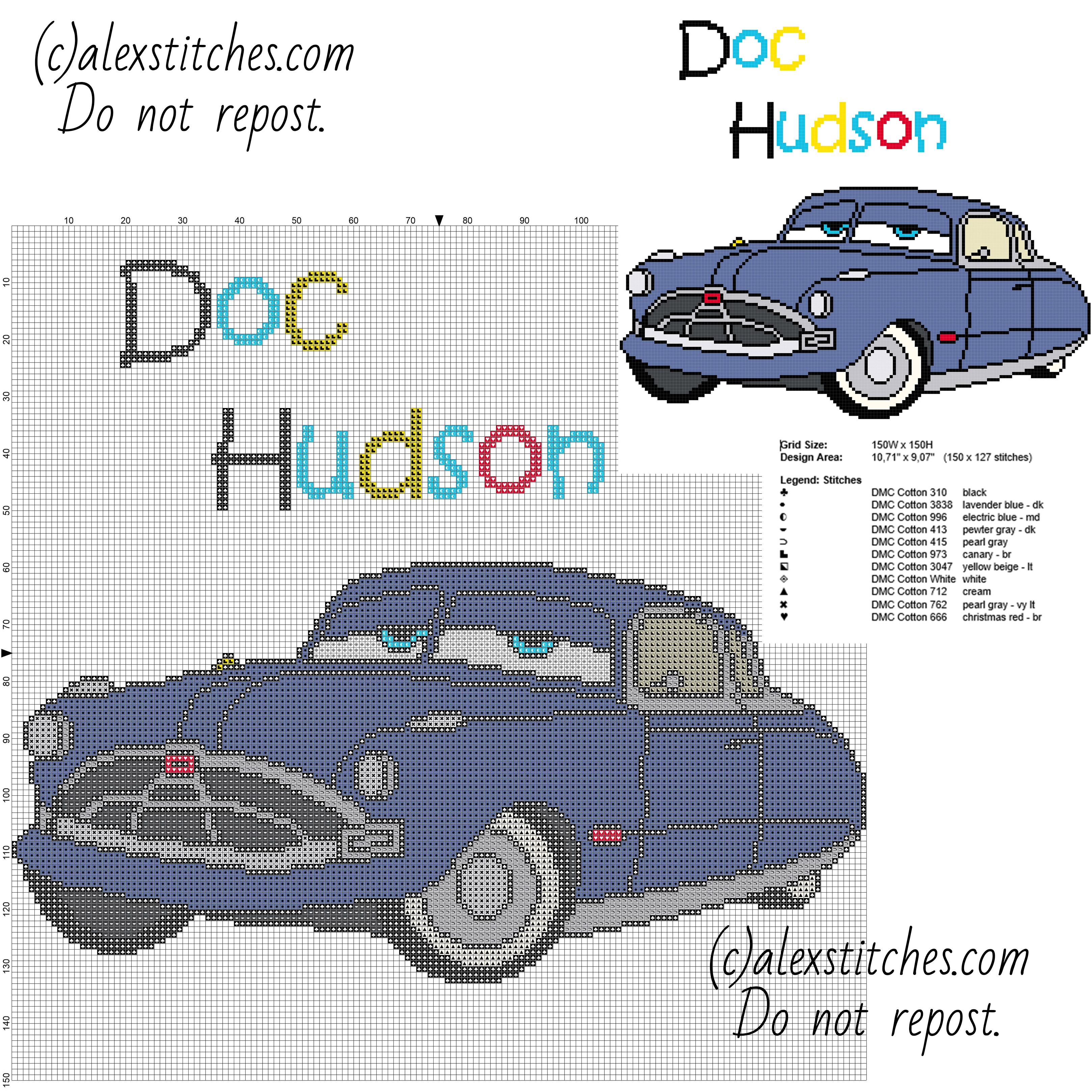Doc Hudson Disney Cars and Cars 2 character free cross stitch pattern children cartoon