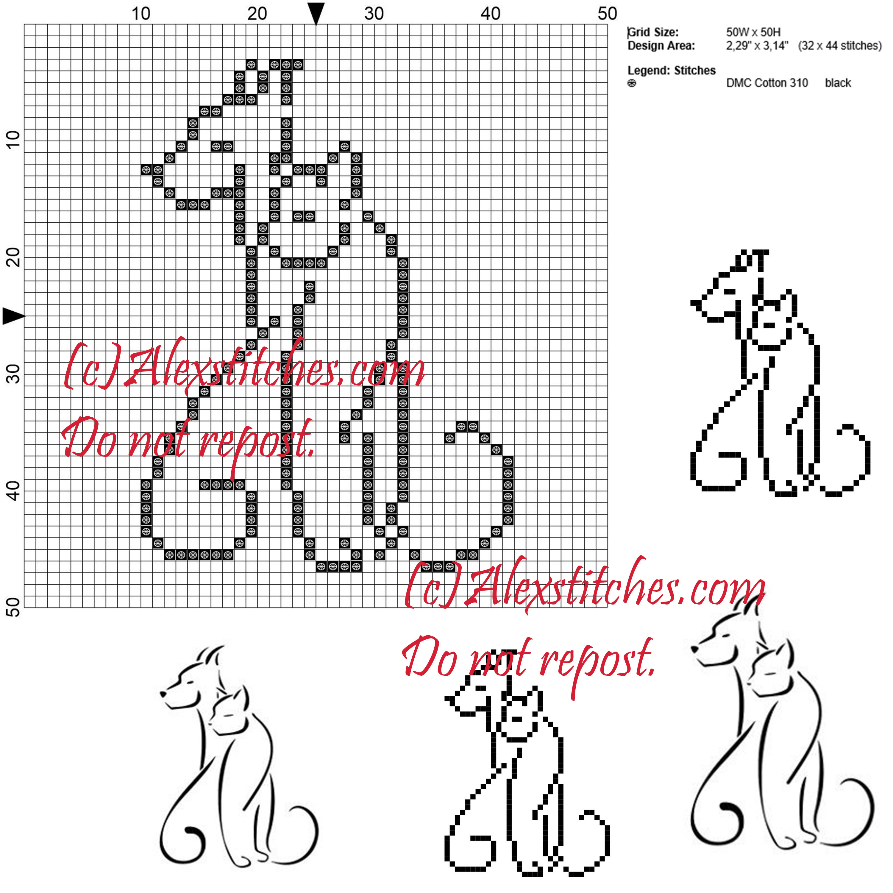 Dog and Cat tatoo cross stitch pattern 50x50 1 color