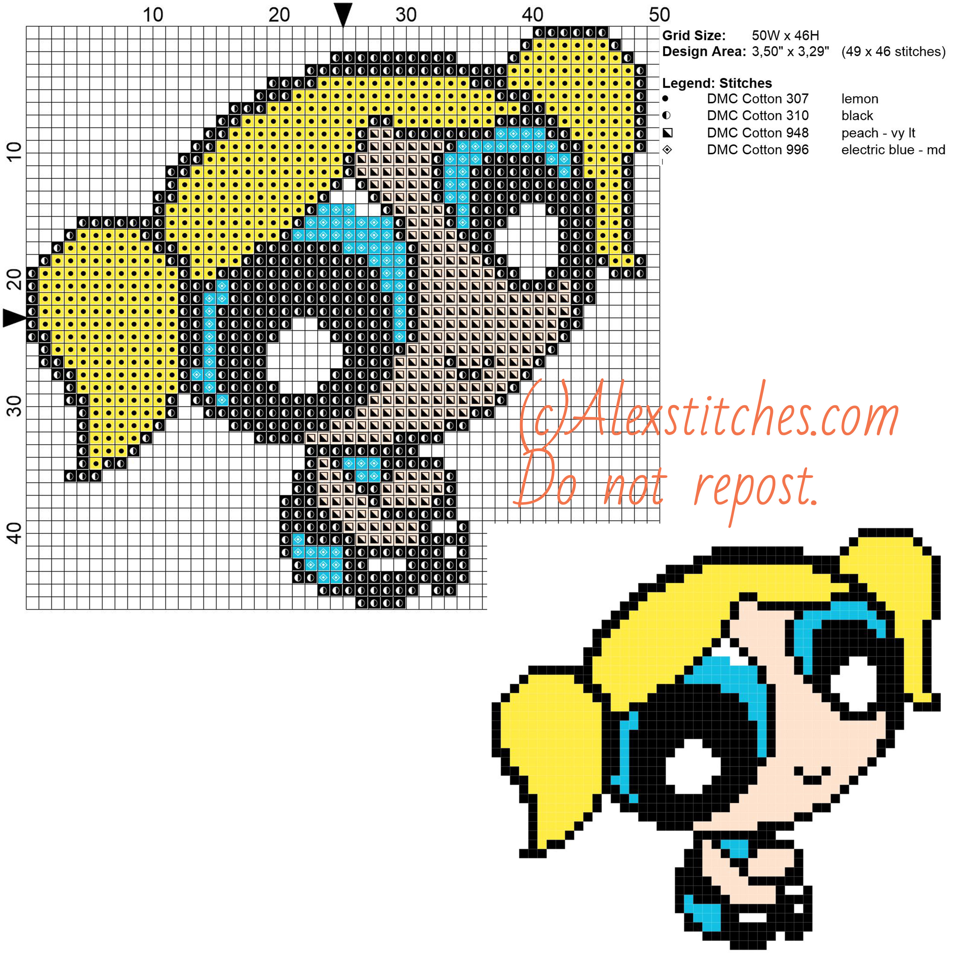 Dolly Powerpuff girl free cross stitch pattern cartoon 50x46 4 colors