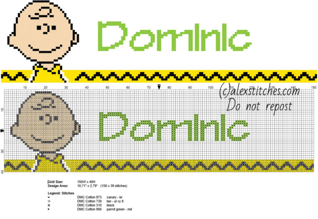 Dominic cross stitch baby male name with Peanuts Charlie Brown