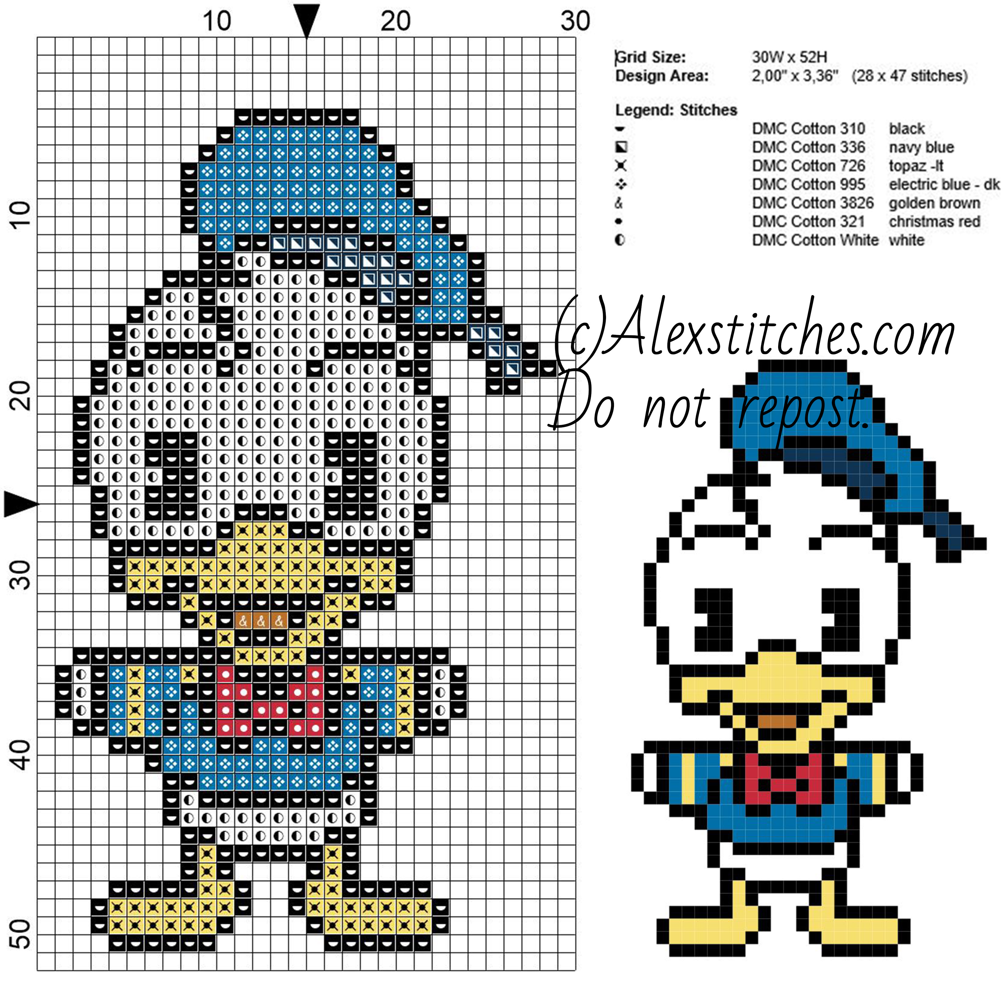 Donald Duck Disney Cuties free cross stitch pattern 30x52 7 colors