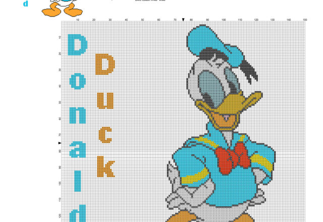 Donald Duck Disney Mickey Mouse character big size free cross stitch pattern 133 x 147 stitches 9 DMC threads