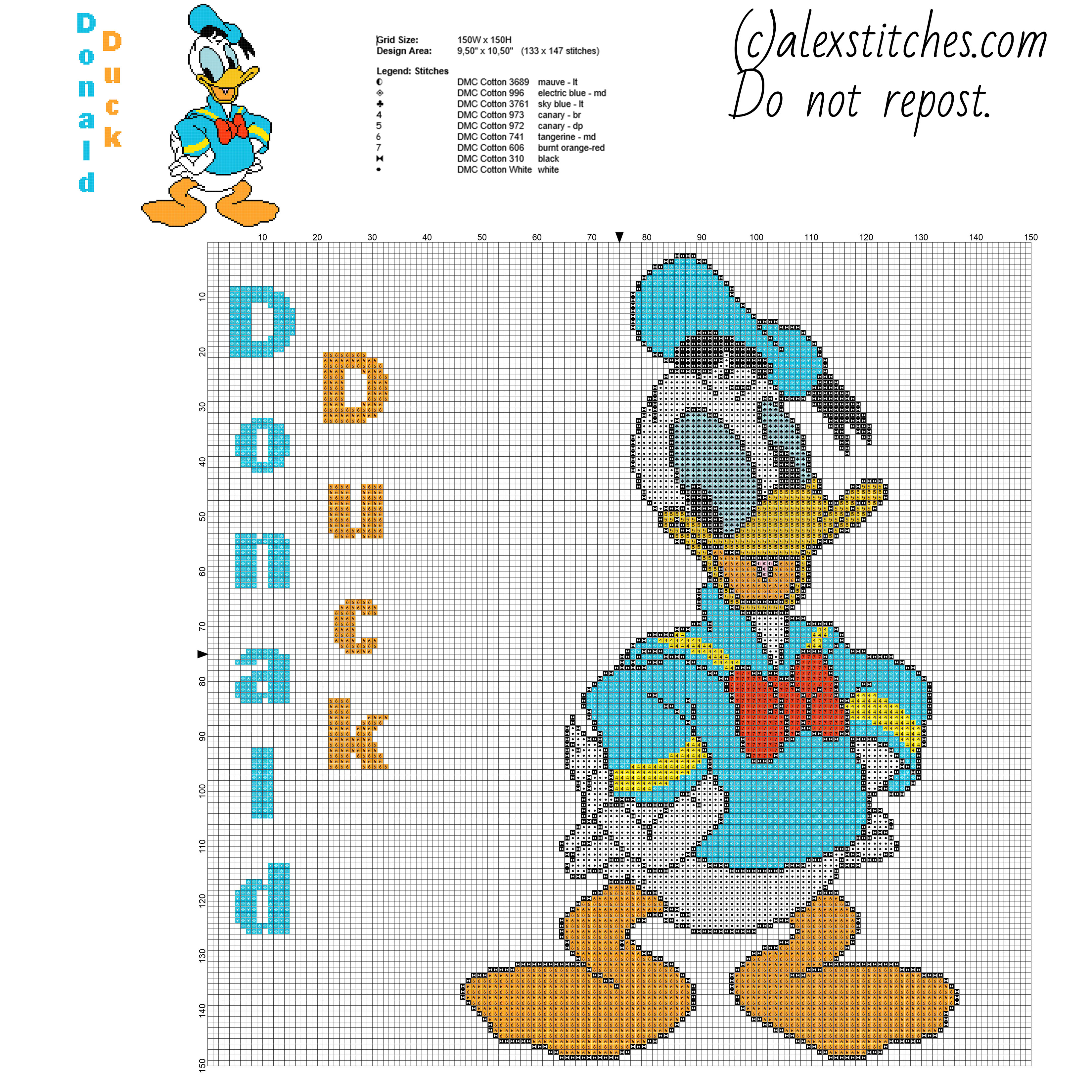 Donald Duck Disney Mickey Mouse character big size free cross stitch pattern 133 x 147 stitches 9 DMC threads