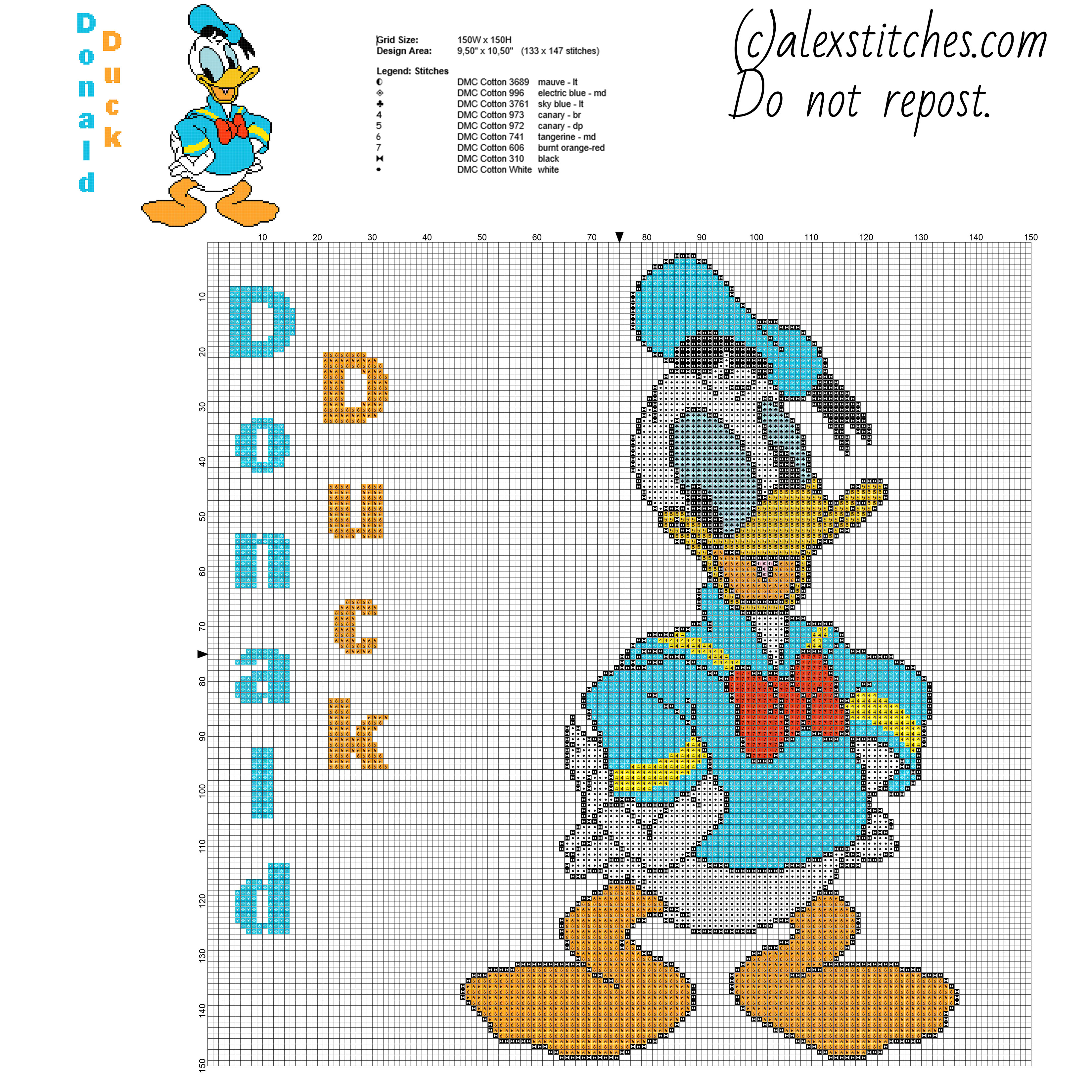 Donald Duck Disney Mickey Mouse character big size free cross stitch pattern 133 x 147 stitches 9 DMC threads