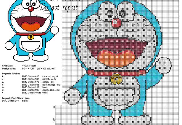 Doraemon cartoons free cross stitch pattern 88 x 106 stitches 7 DMC threads