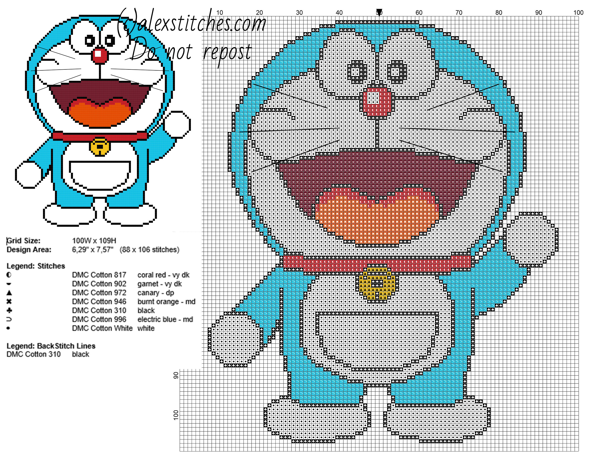 Doraemon cartoons free cross stitch pattern 88 x 106 stitches 7 DMC threads