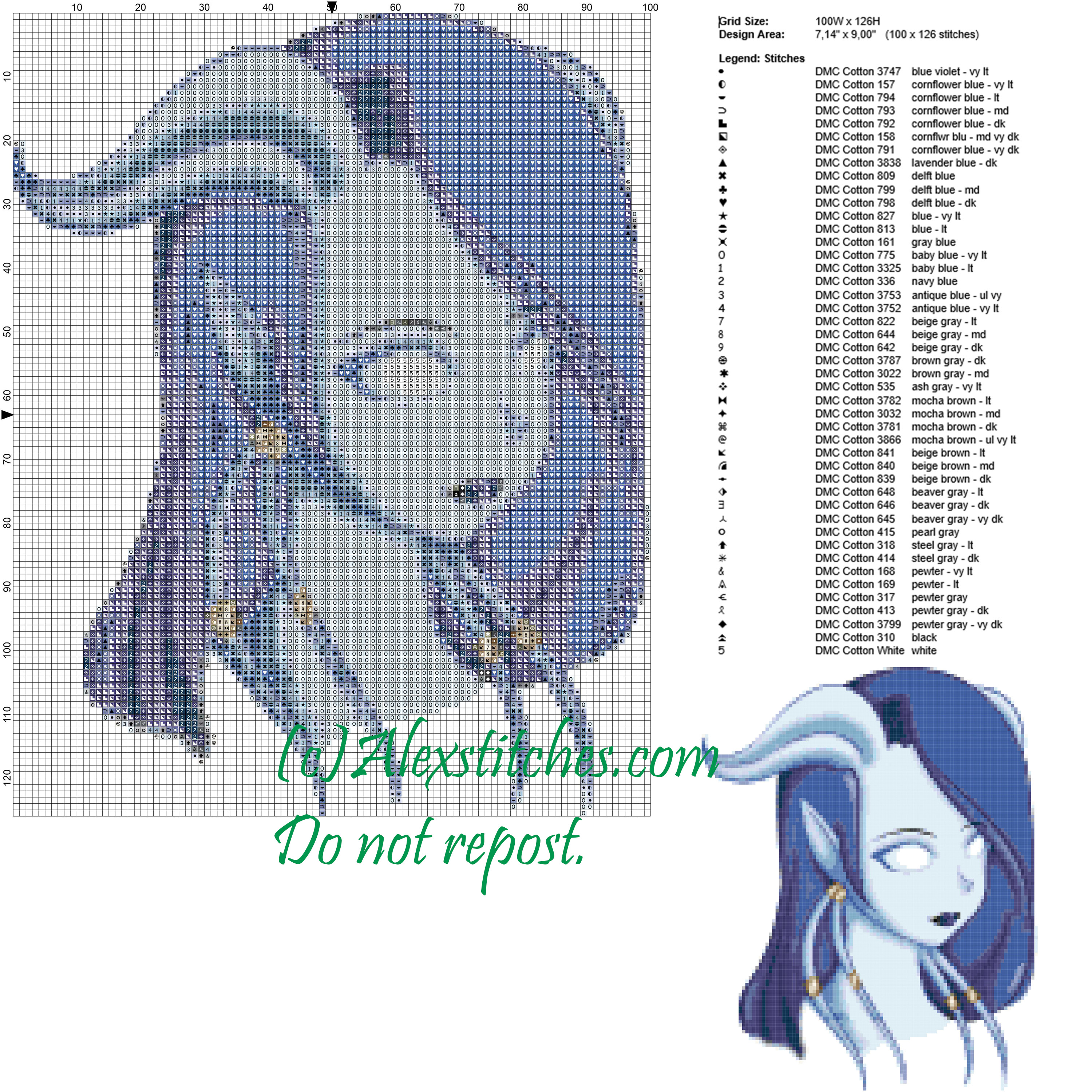 Draenei female (World Of Warcraft) cross stitch pattern 100x126 45 colors