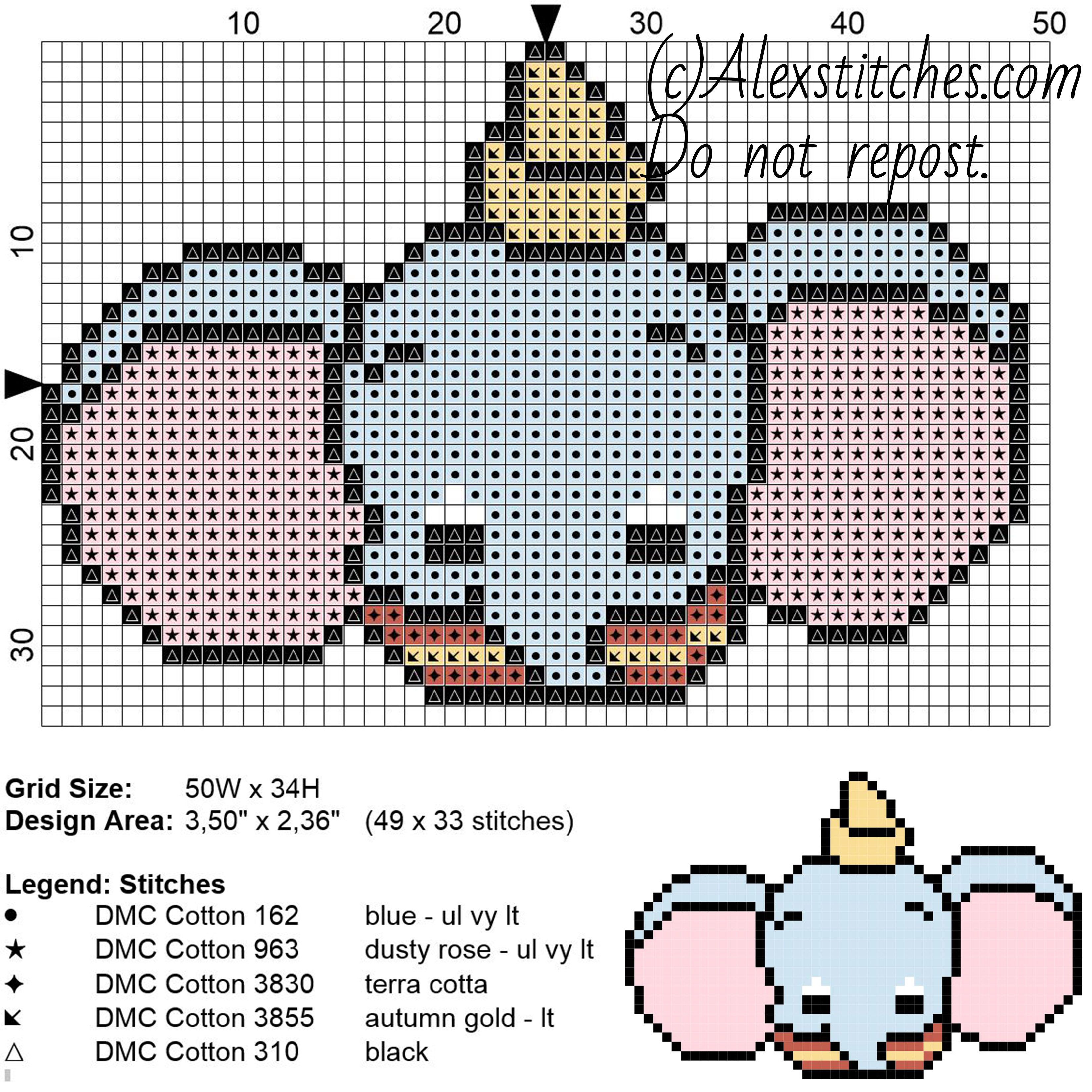 Dumbo Disney Cuties free cross stitch pattern 50x34 5 colors