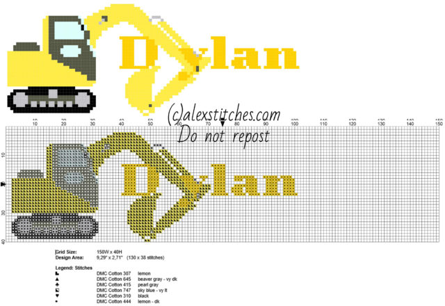 Dylan cross stitch baby male name with excavator