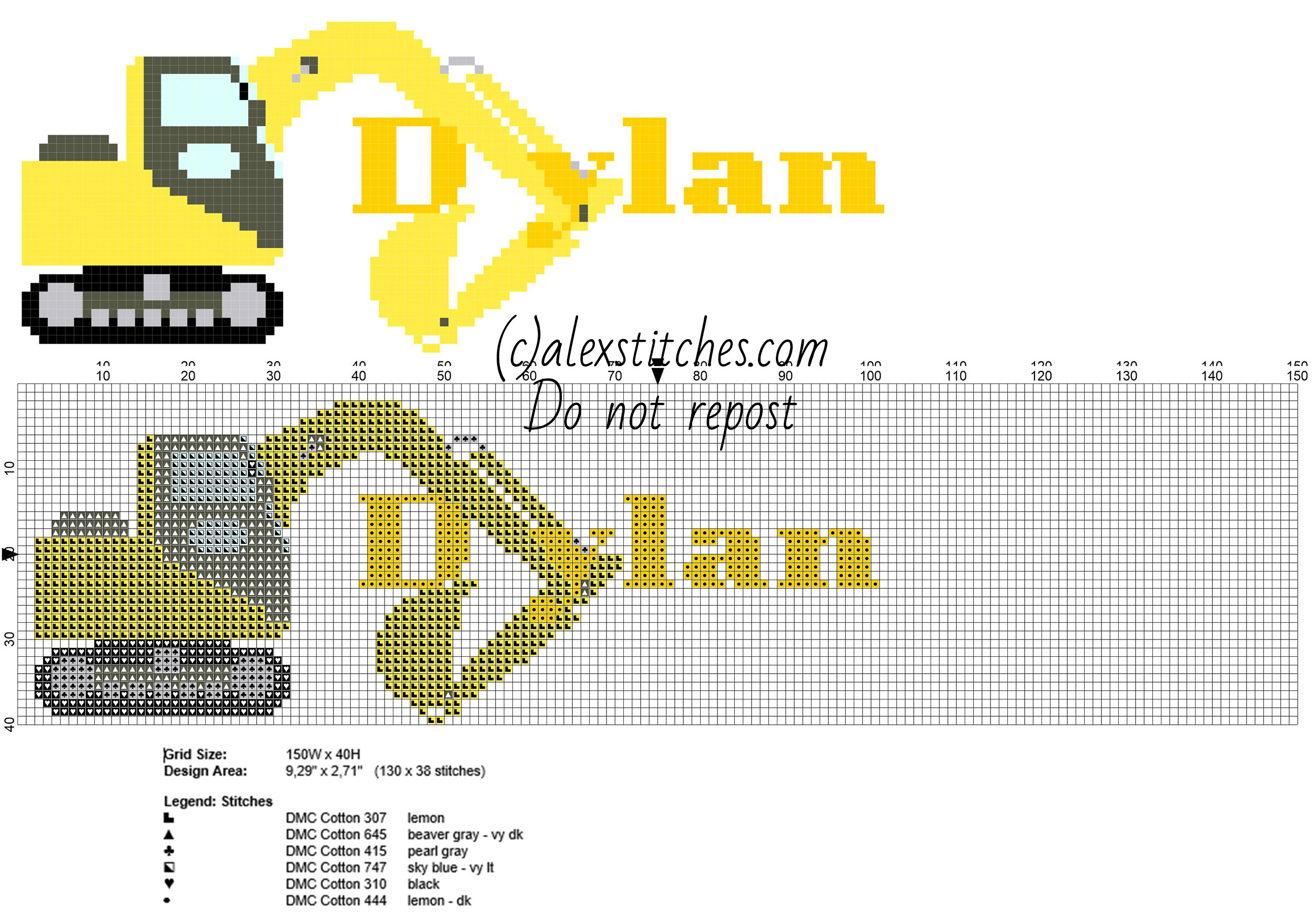 Dylan cross stitch baby male name with excavator