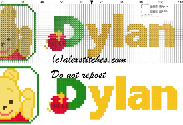Dylan name with Baby winnie the pooh free cross stitches pattern