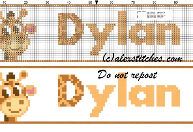 Dylan name with giraffe cross stitch pattern