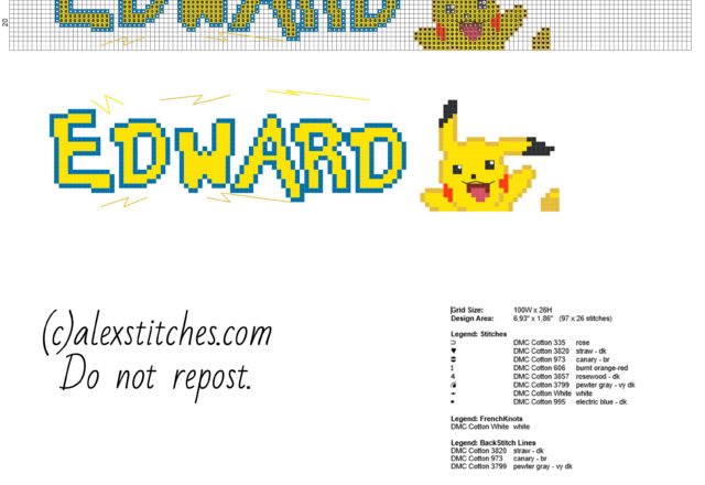 Edward cross stitch baby male name with Pokemon font and Pikachu cartoon character