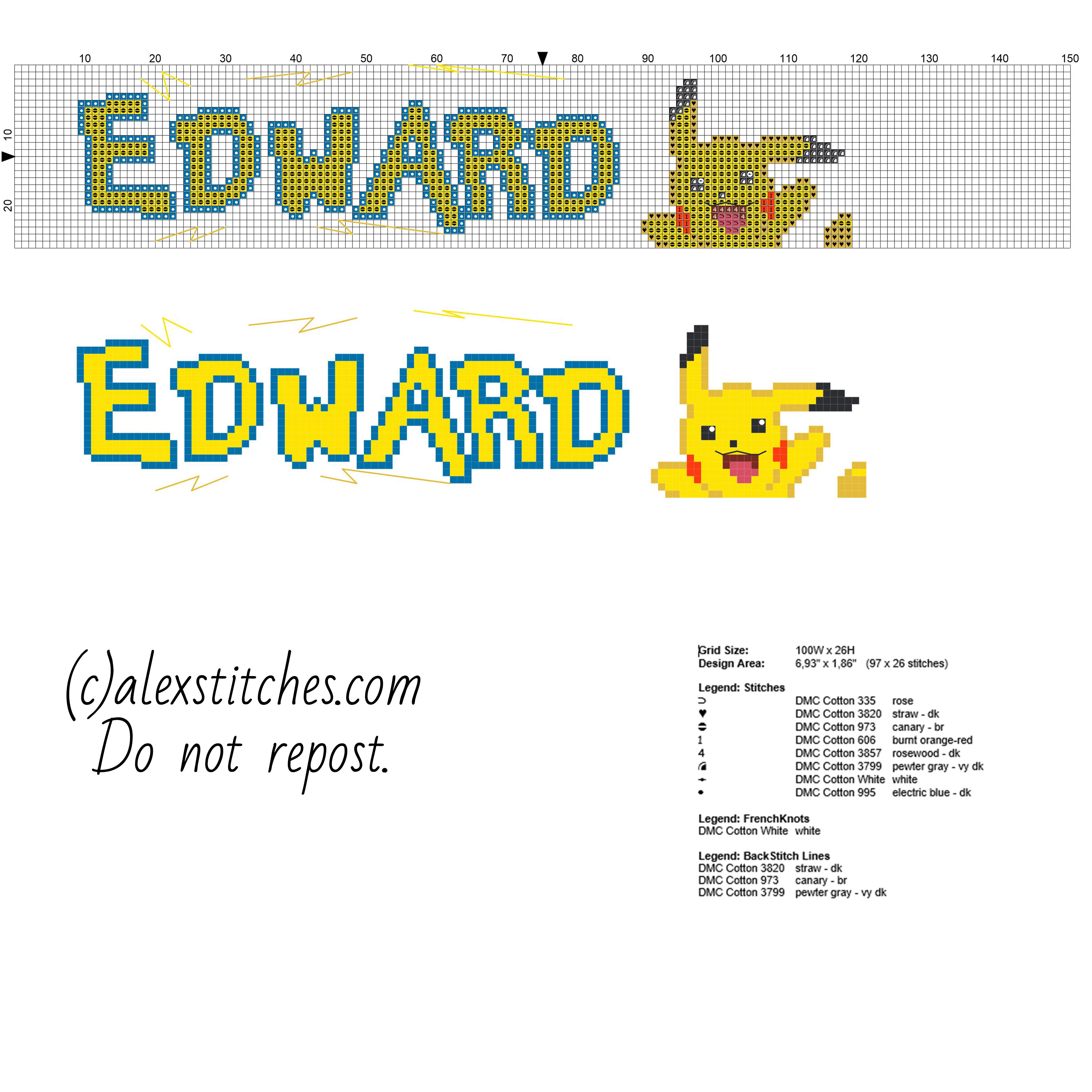Edward cross stitch baby male name with Pokemon font and Pikachu cartoon character