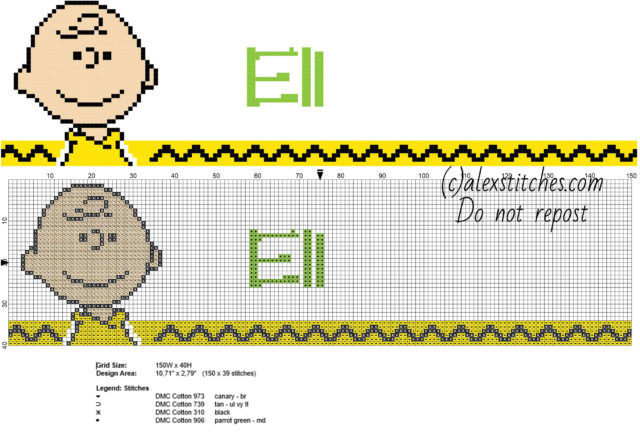 Eli cross stitch baby male name with Charlie Brown from Peanuts cartoons