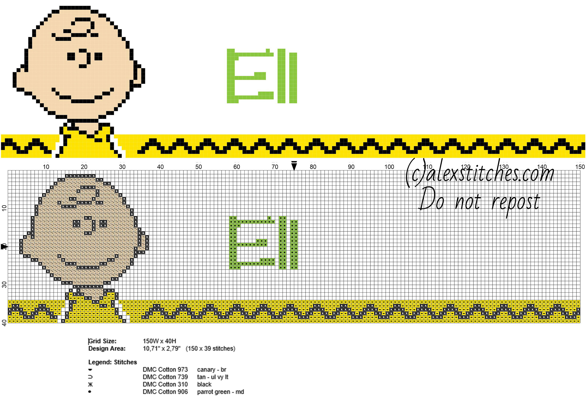 Eli cross stitch baby male name with Charlie Brown from Peanuts cartoons