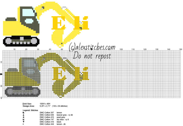 Eli cross stitch baby male name with excavator