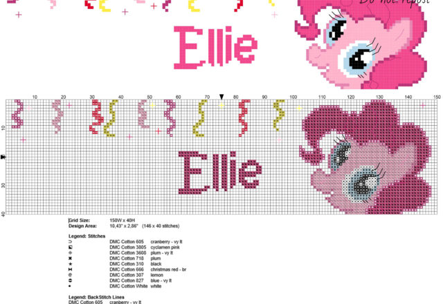 Ellie cross stitch baby name with Pinkie Pie from My Little Pony