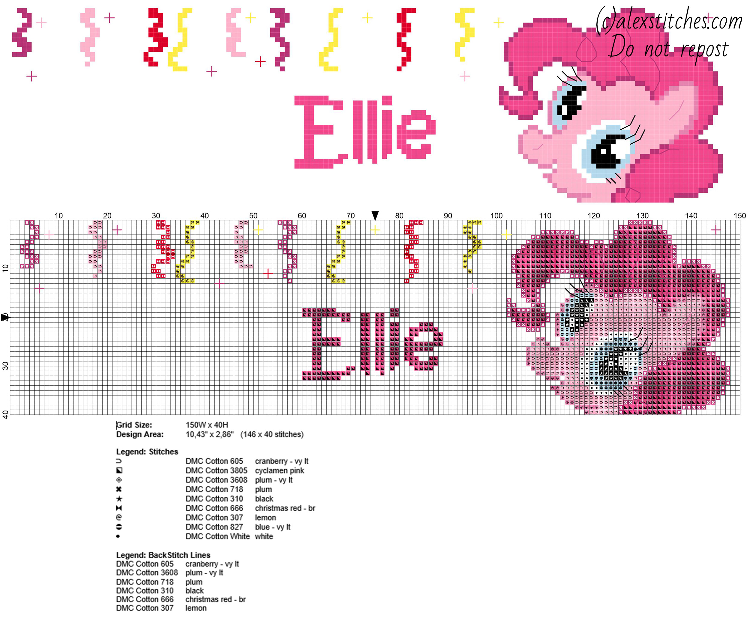 Ellie cross stitch baby name with Pinkie Pie from My Little Pony