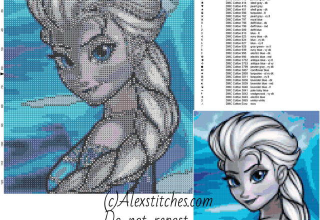 Elsa’ s portrait disney frozen free cross stitch pattern 100x126 40 colors