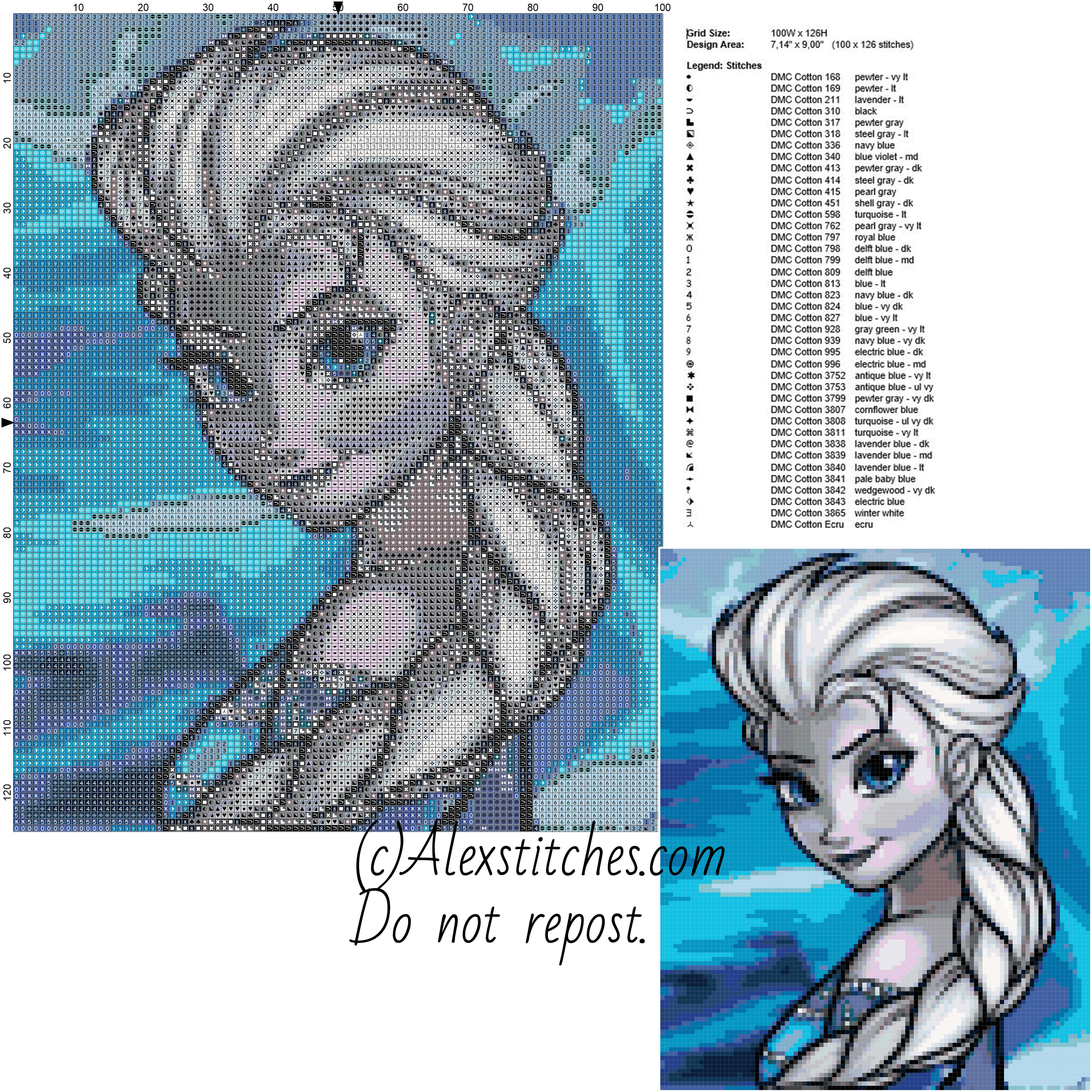 Elsa’ s portrait disney frozen free cross stitch pattern 100x126 40 colors