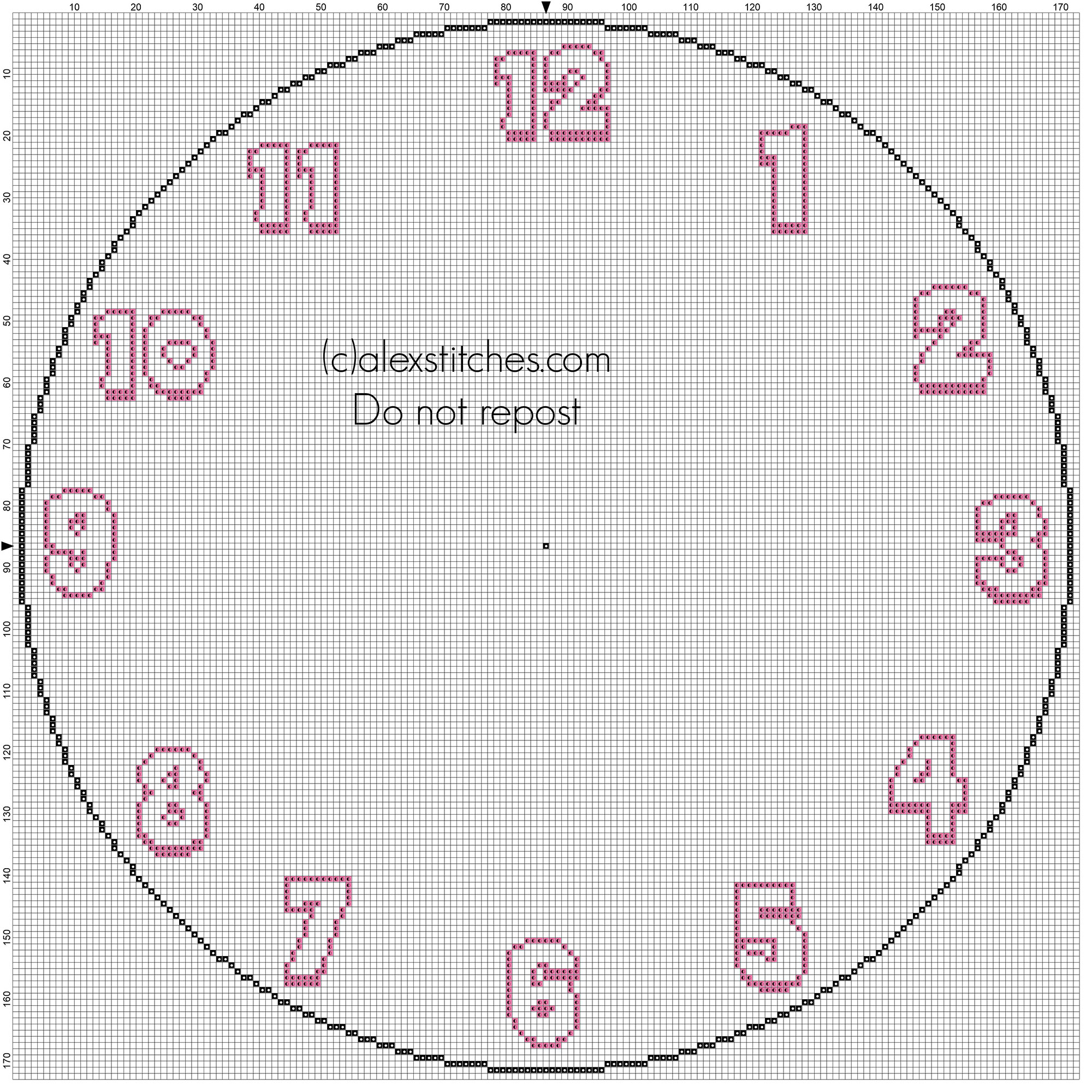 Empty round baby pink cross stitch clock with only numbers 171 stitches diameter