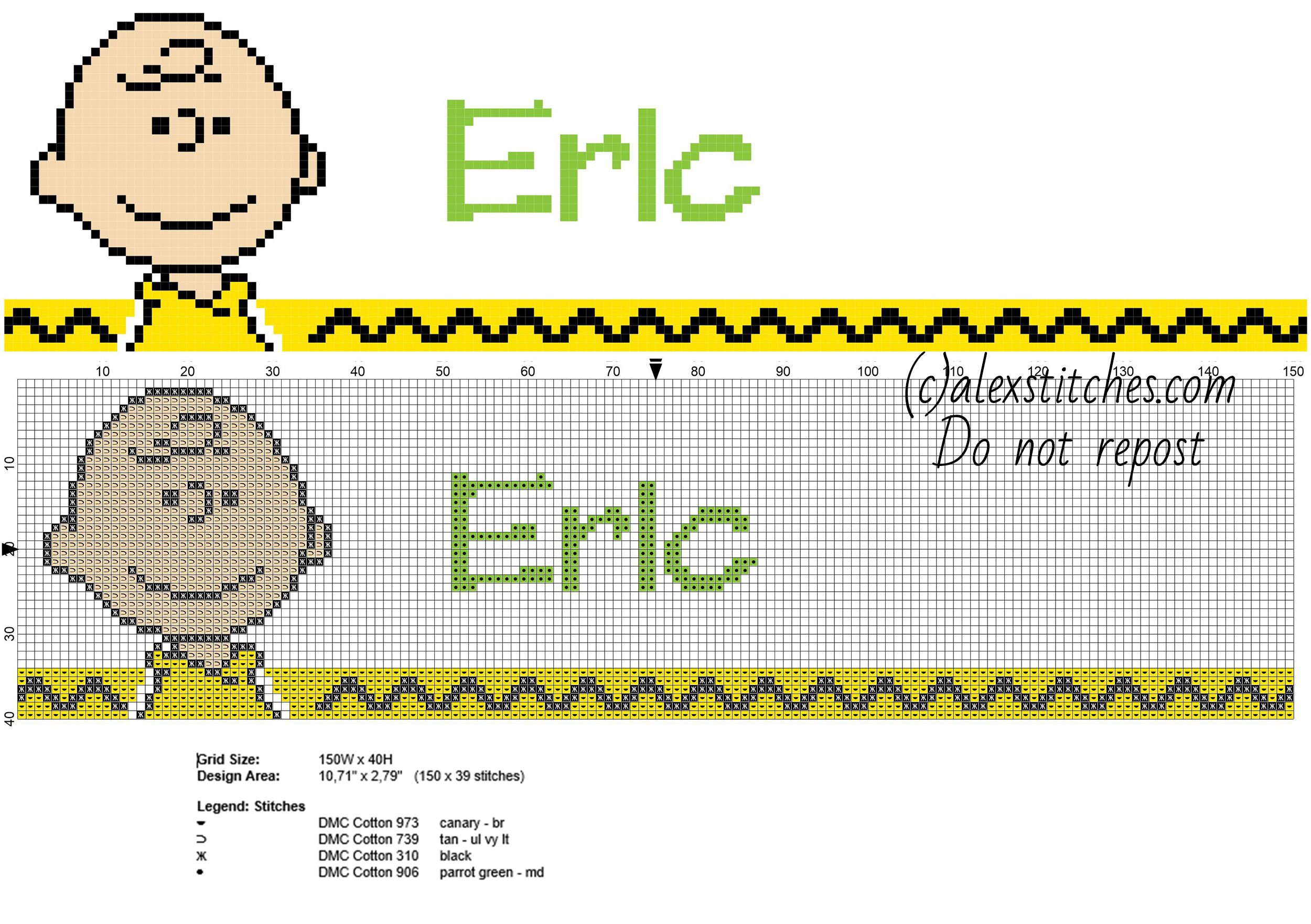 Eric cross stitch baby male name with Peanuts Charlie Brown