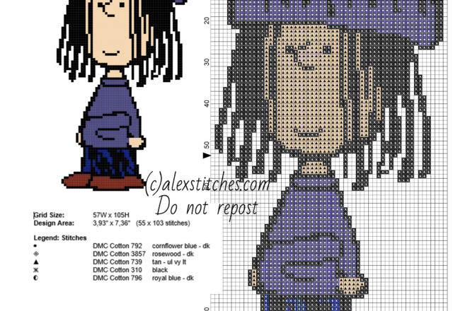 Eudora Peanuts character free cross stitch pattern