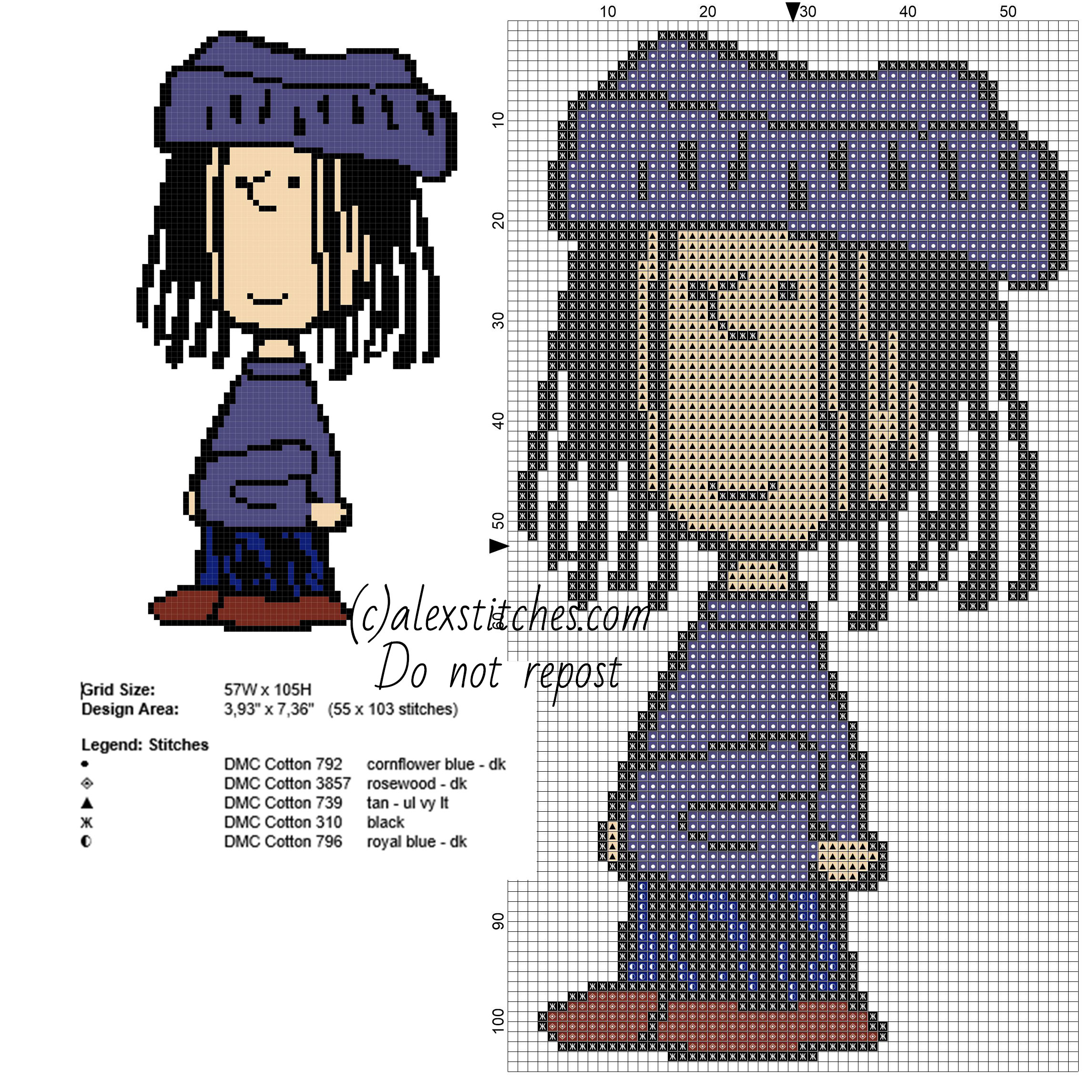 Eudora Peanuts character free cross stitch pattern