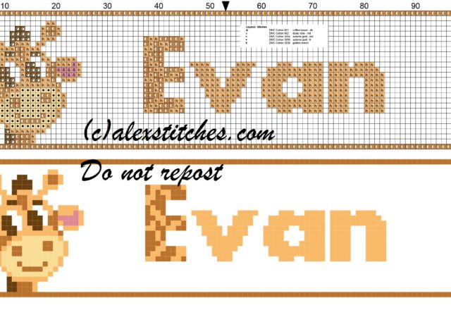 Evan name with giraffe cross stitch pattern