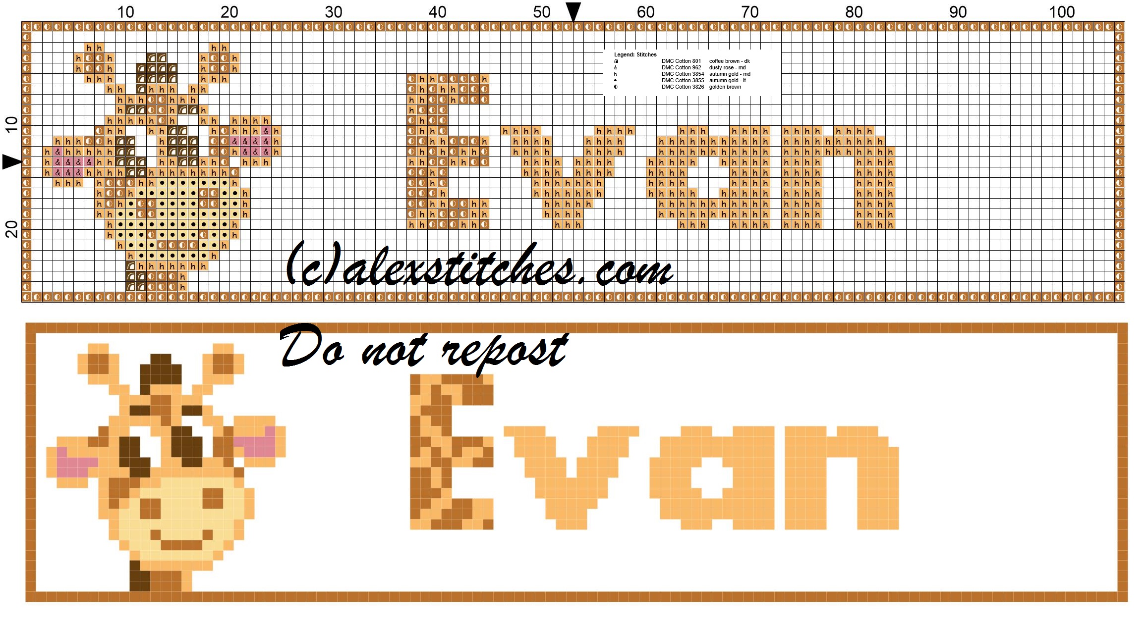 Evan name with giraffe cross stitch pattern