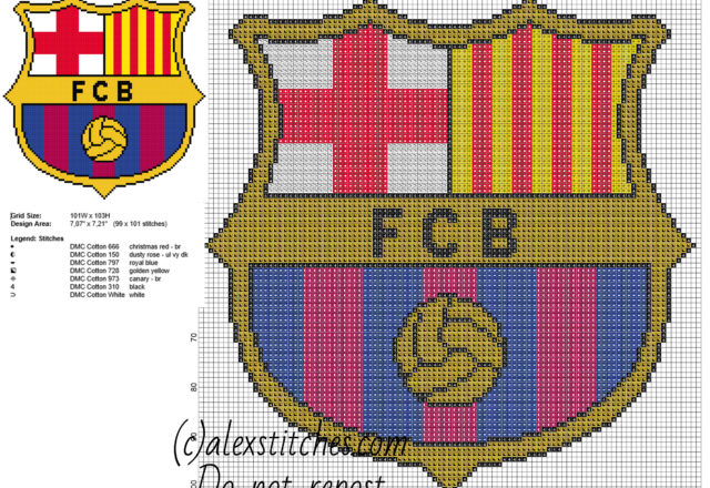 F C Barcelona soccer team badge free cross stitch pattern 99 x 101 stitches 7 DMC threads