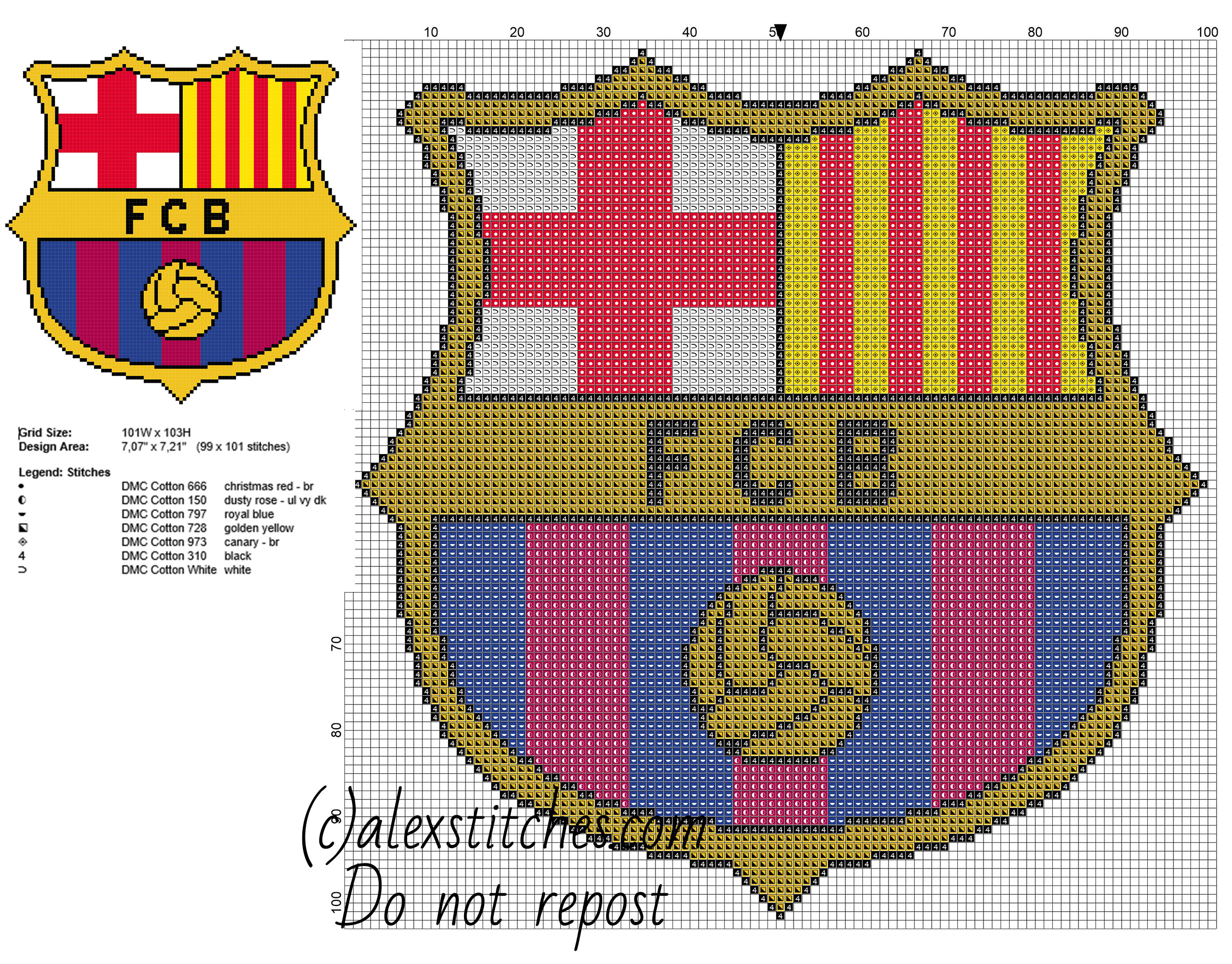 F C Barcelona soccer team badge free cross stitch pattern 99 x 101 stitches 7 DMC threads