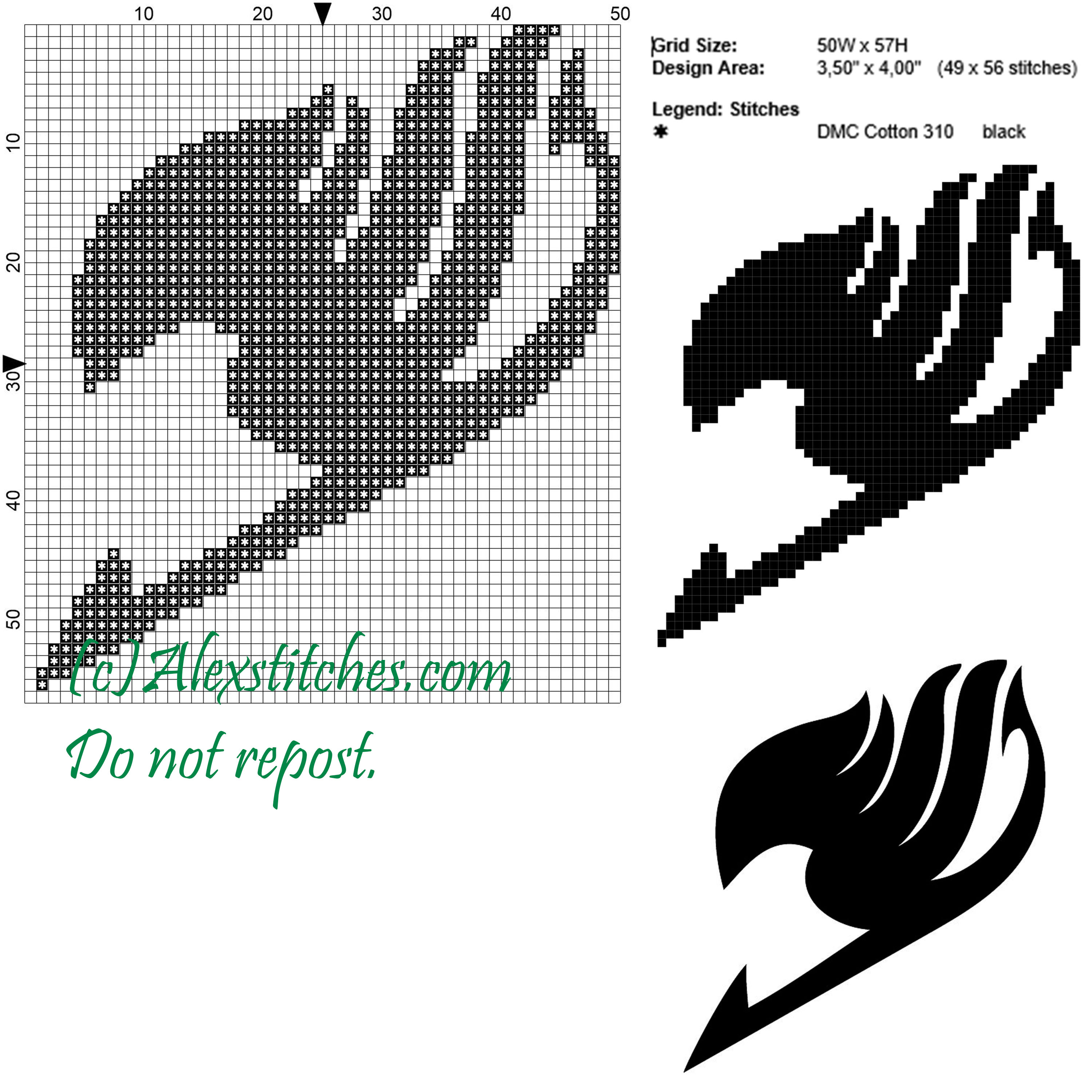 Fairy Tail symbol cross stitch pattern 50x57 1 color