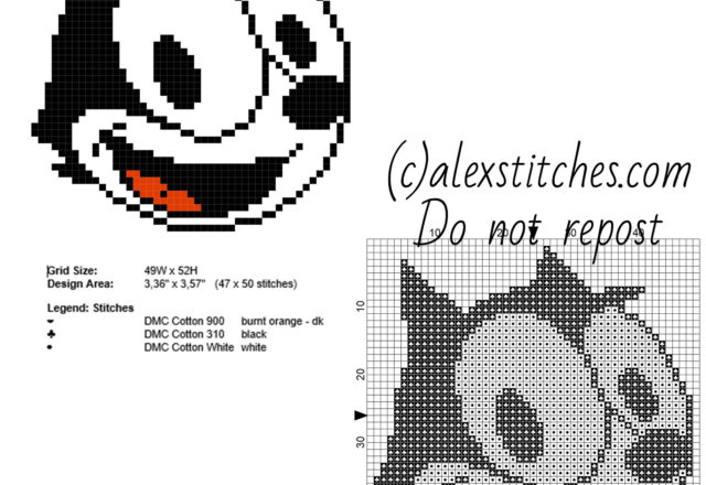 Felix The Cat small cartoon free cross stitch pattern 47 x 50 stitches 3 DMC threads