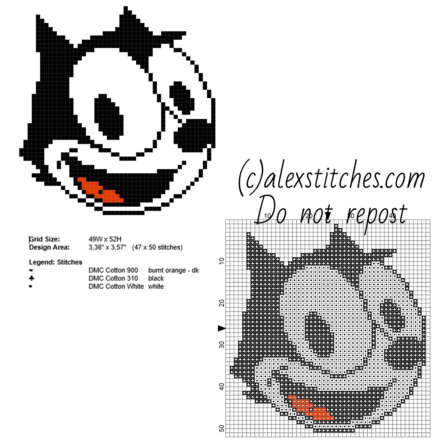 Felix The Cat small cartoon free cross stitch pattern 47 x 50 stitches 3 DMC threads