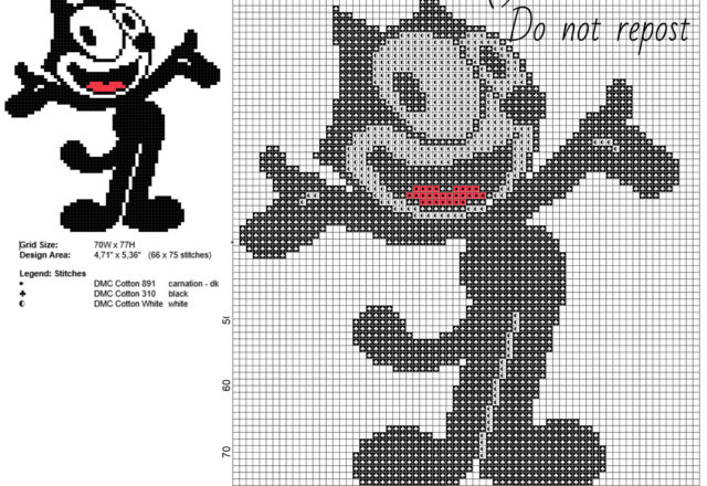 Felix The Cat vintage cartoon character cross stitch pattern 66 x 75 stitches 3 DMC threads
