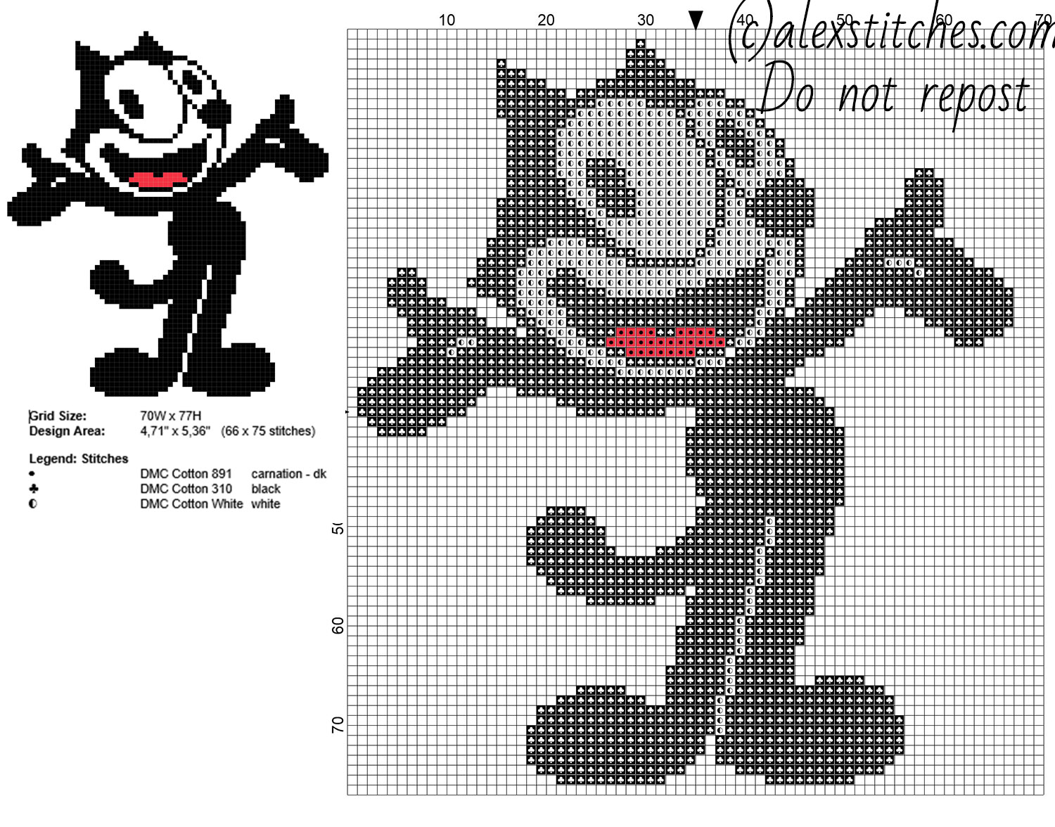 Felix The Cat vintage cartoon character cross stitch pattern 66 x 75  stitches 3 DMC threads - free cross stitch patterns by Alex
