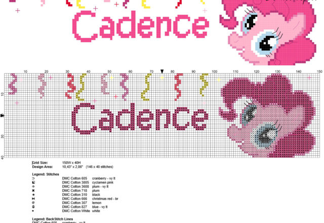 Female baby name Cadence cross stitch pattern with Pinkie Pie