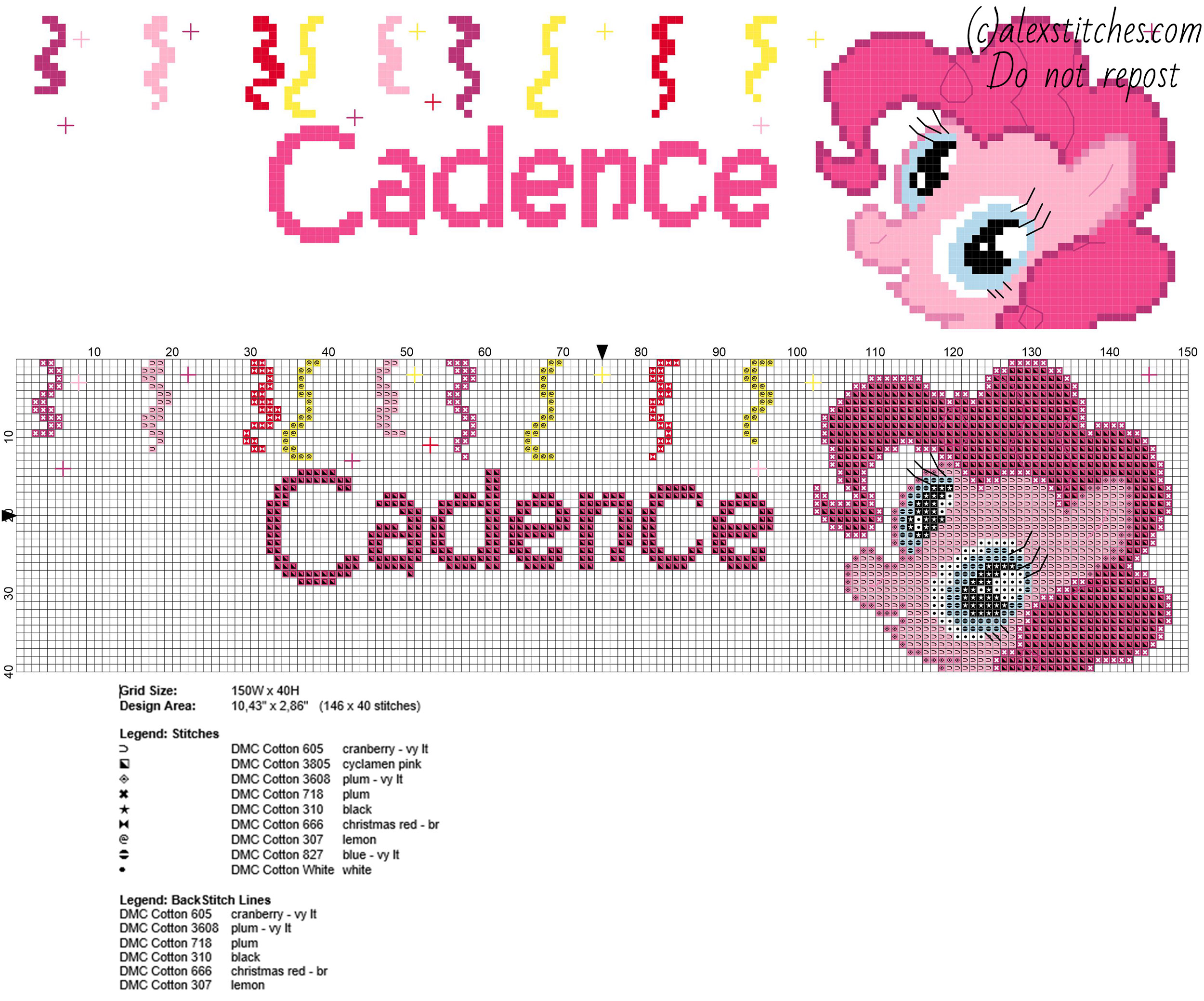 Female baby name Cadence cross stitch pattern with Pinkie Pie