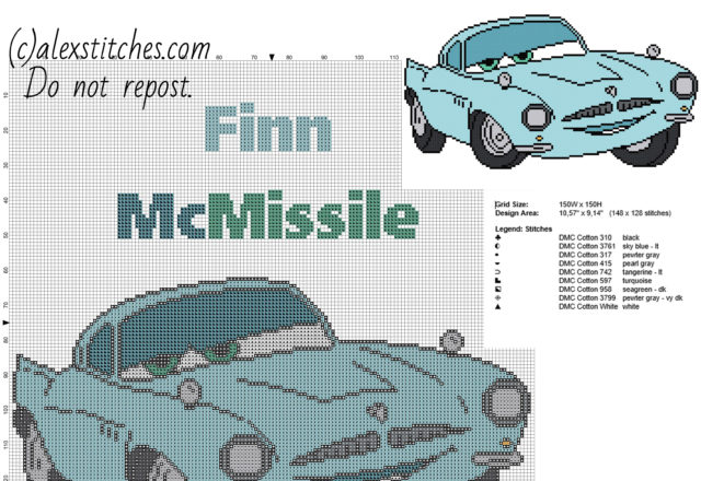 Finn McMissile Disney Cars 2 cartoon character free cross stitch pattern download big size