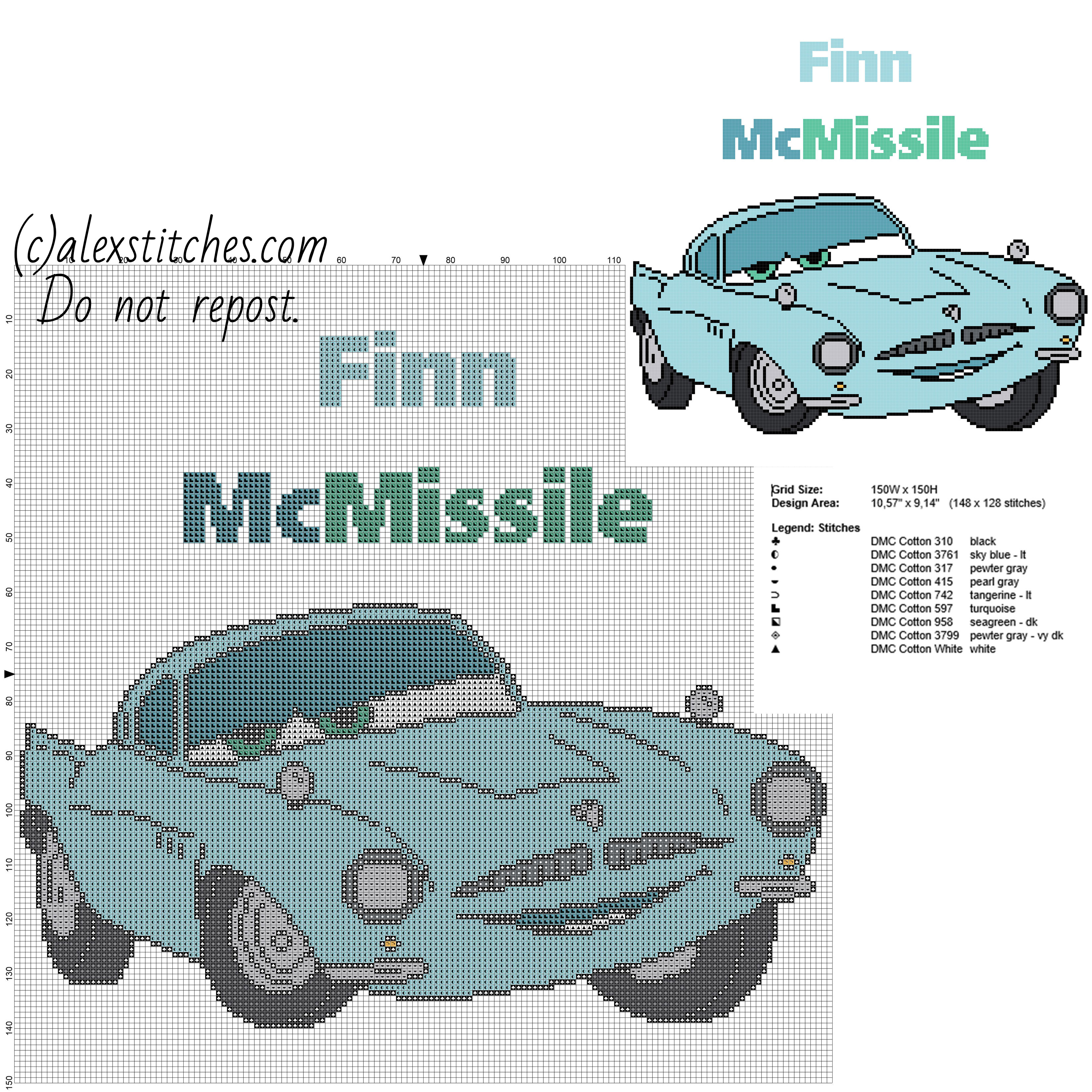 Finn McMissile Disney Cars 2 cartoon character free cross stitch pattern download big size