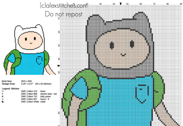 Finn character from Adventure Time cartoons cross stitch pattern