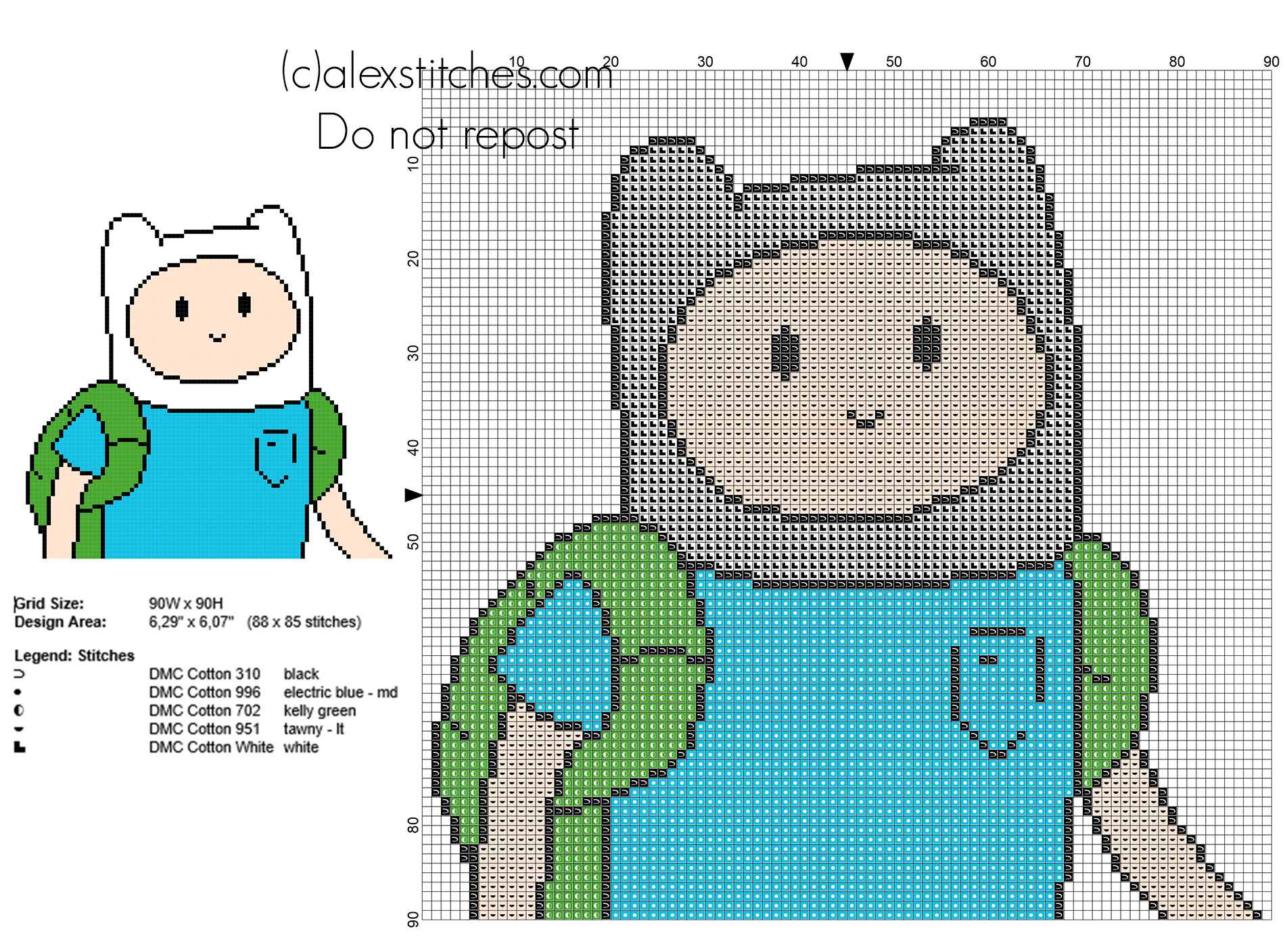 Finn character from Adventure Time cartoons cross stitch pattern