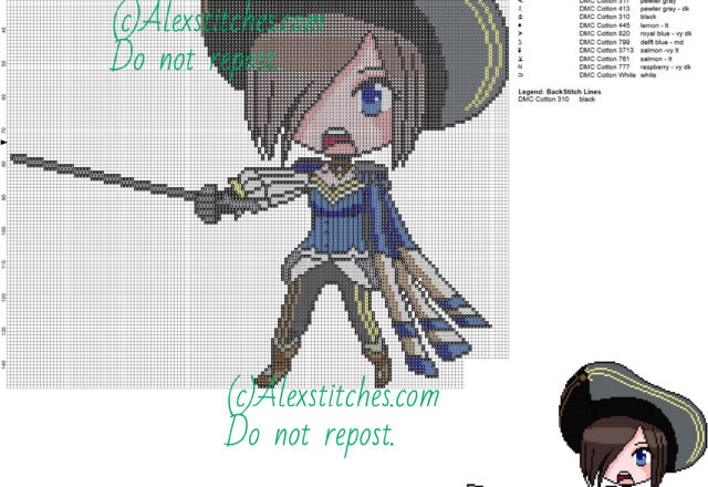 Fiora (League of Legends) free cross stitch pattern 150x147 18 colors